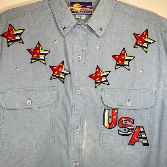 Cricket of the Creek Womens short sleeve denim button up Embroidered Stars VTG M - Picture 3 of 14